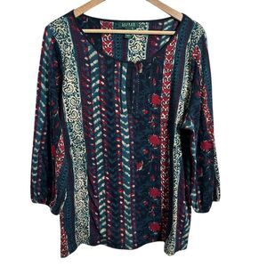 LRL Ralph Lauren Womens 2X Blouse Top Patchwork Peasant 3/4 Sleeve 100% Cotton